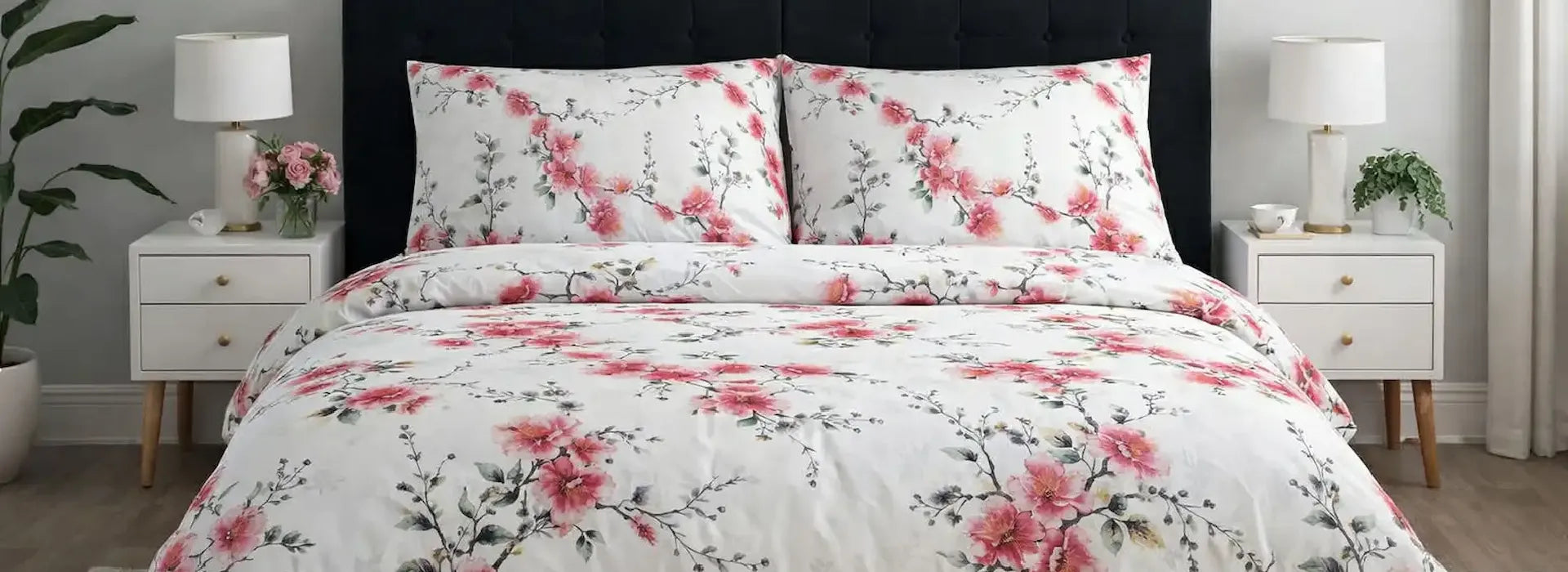 Floral bedding set on a bed with matching pillows, nightstands, and lamps in a bedroom setting.