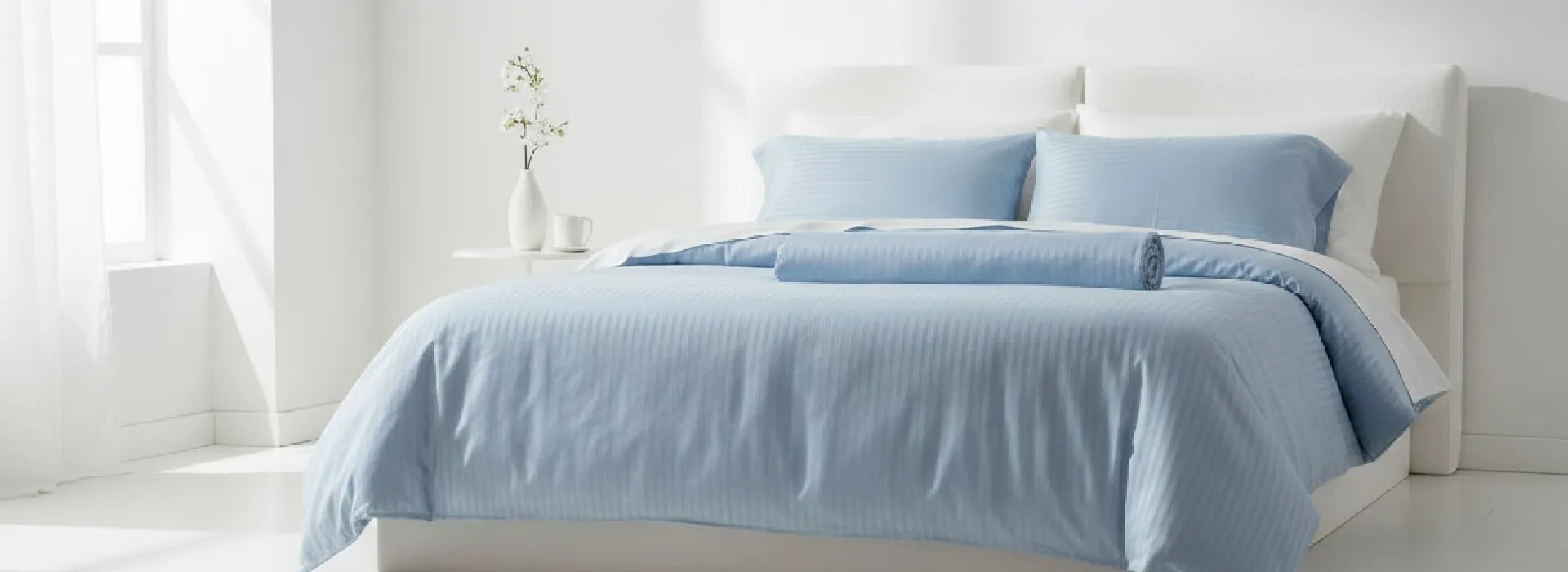 Sky-blue sateen stripe bedding set on a modern bed – 100% cotton, OEKO-TEX certified