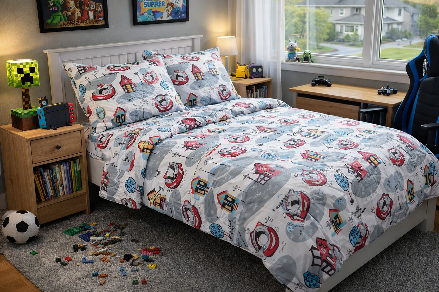 Car-themed cotton bedding for children — soft, breathable, and playful sleep set 🛏️