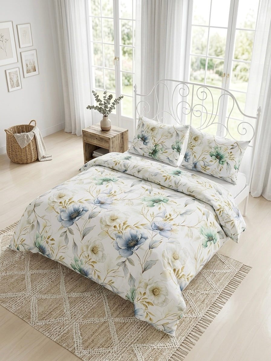 A floral duvet cover and matching pillow shams set in a bright, modern bedroom. The bedding features a watercolor-style print of blue, green, and yellow flowers on a warm cream background, styled on a white metal bed frame over a woven rug.