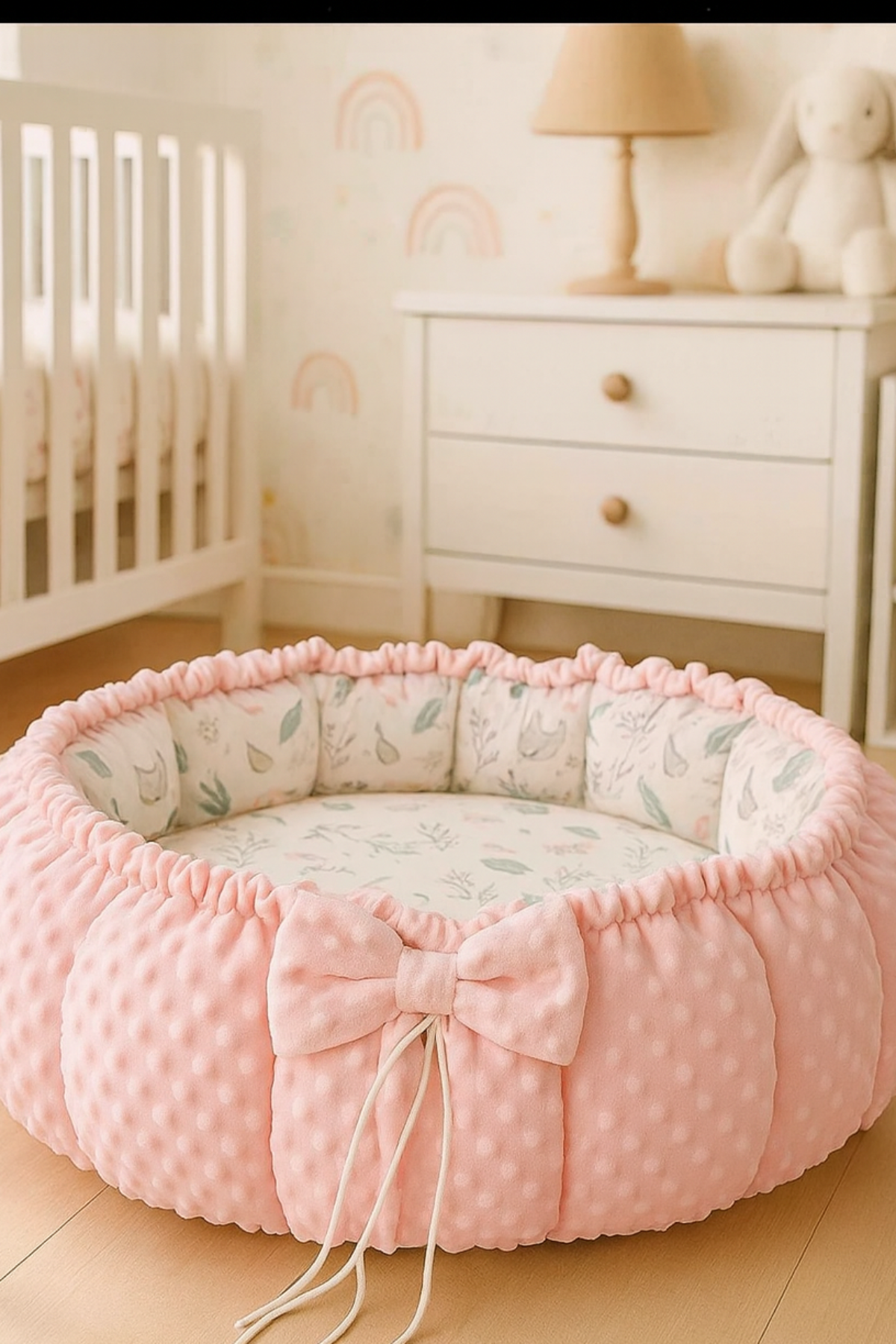 Pink pet bed with a bow in a nursery setting