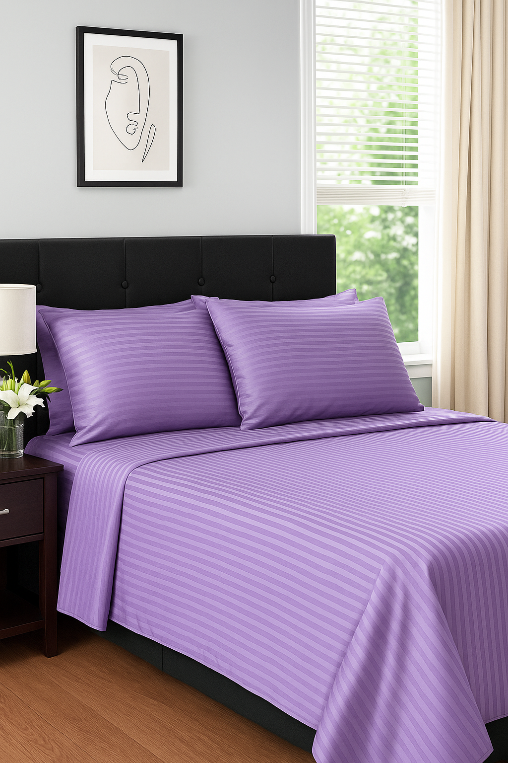 Organic lavender stripe sateen pillowcases on a bed – soft and breathable cotton fabric