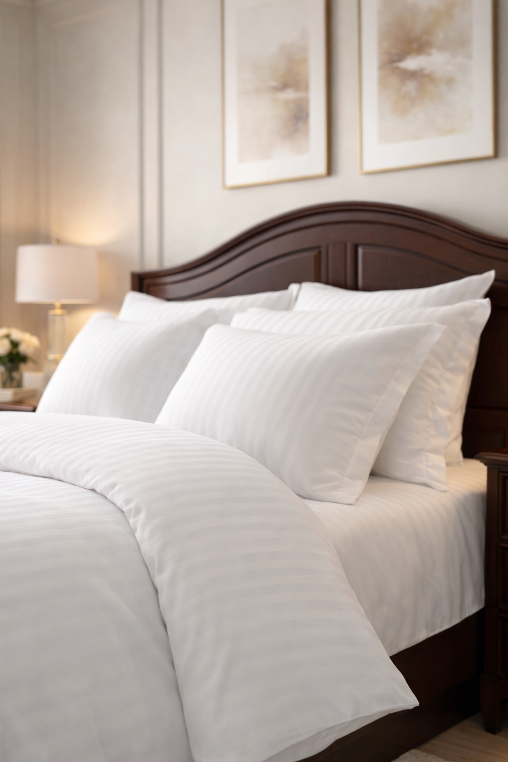 White stripe sateen bedding styled on bed — soft, elegant and hotel‑quality cotton set