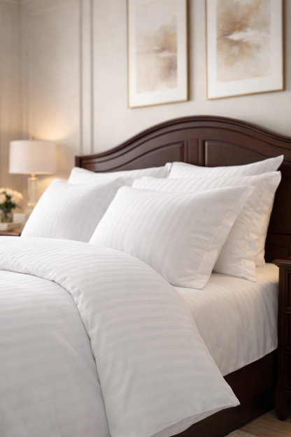 White stripe sateen bedding styled on bed — soft, elegant and hotel‑quality cotton set