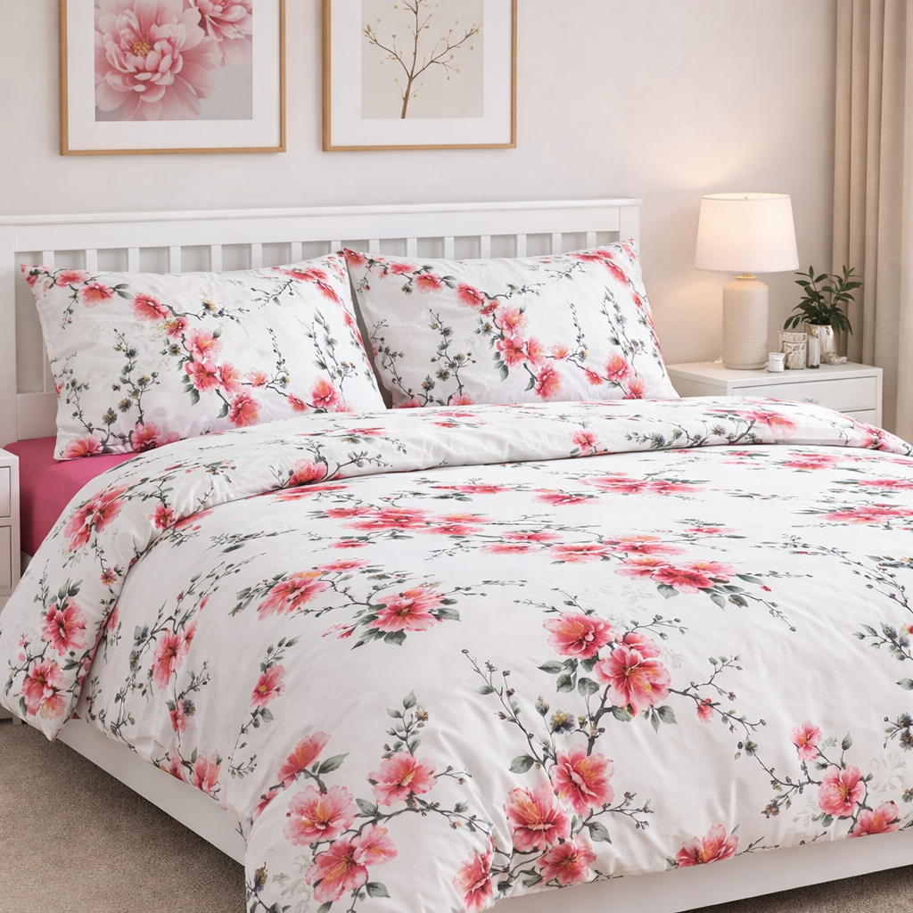 Cherry blossom bedding set with pink fitted sheet – front view