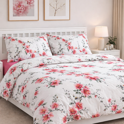 Cherry blossom bedding set with pink fitted sheet – front view