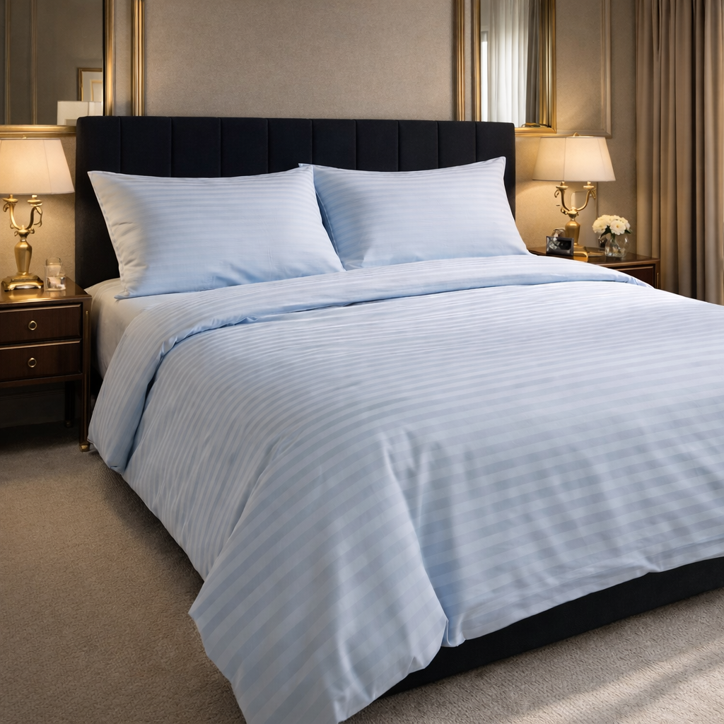 OEKO‑TEX certified sky‑blue stripe bedding set on a light bed frame