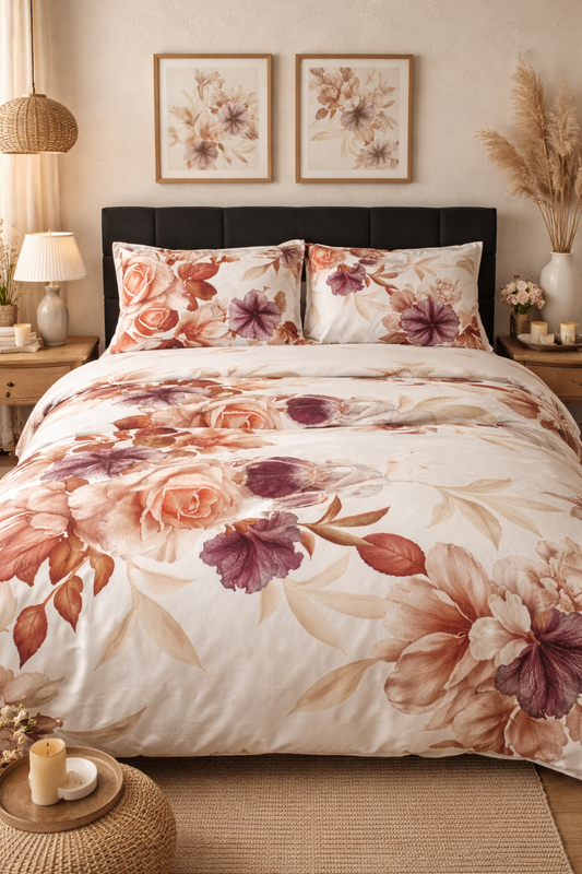 Brown Roses Floral Sateen Bedding Set – 100% Turkish Cotton, OEKO‑TEX® Certified