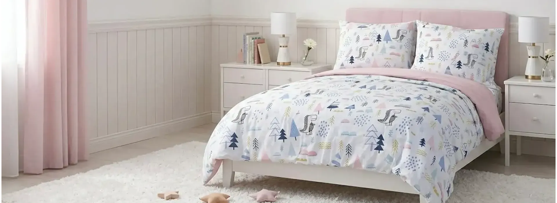 Children's bedding set with dinosaur forest print – organic cotton, pink and blue tones