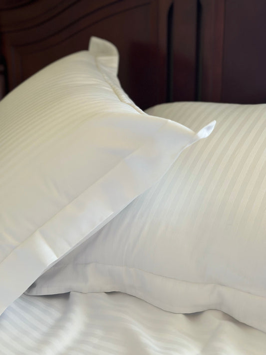 Luxury white stripe sateen bedding set — soft Turkish cotton with elegant hotel‑style design