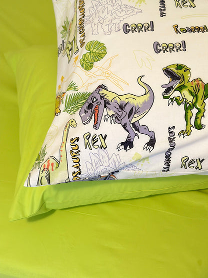 Close-up of dinosaur print on organic cotton bedding