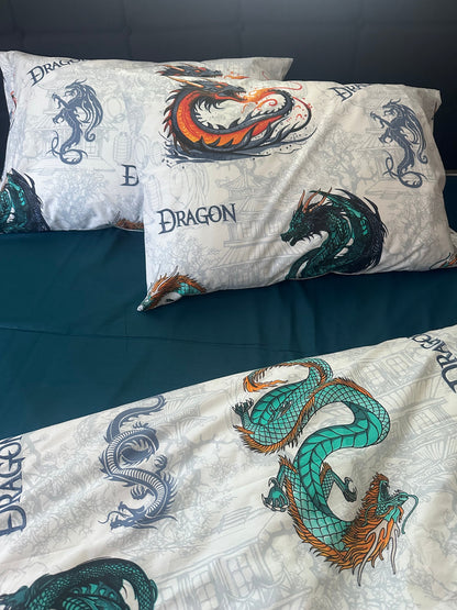 Close-up of dragon embroidery on organic cotton fabric