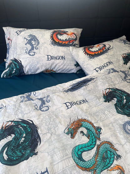 White kids bedding set with colorful dragon print on pillows and duvet