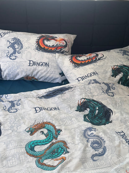 White kids bedding set with colorful dragon print on pillows and duvet