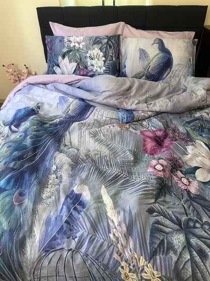 Colorful peacocks and floral pattern on silky cotton sateen bedding set