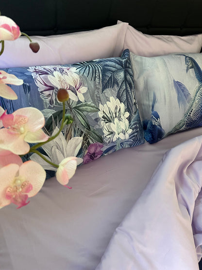 Peacocks floral cotton sateen bedding styled on bed — elegant, vibrant and breathable