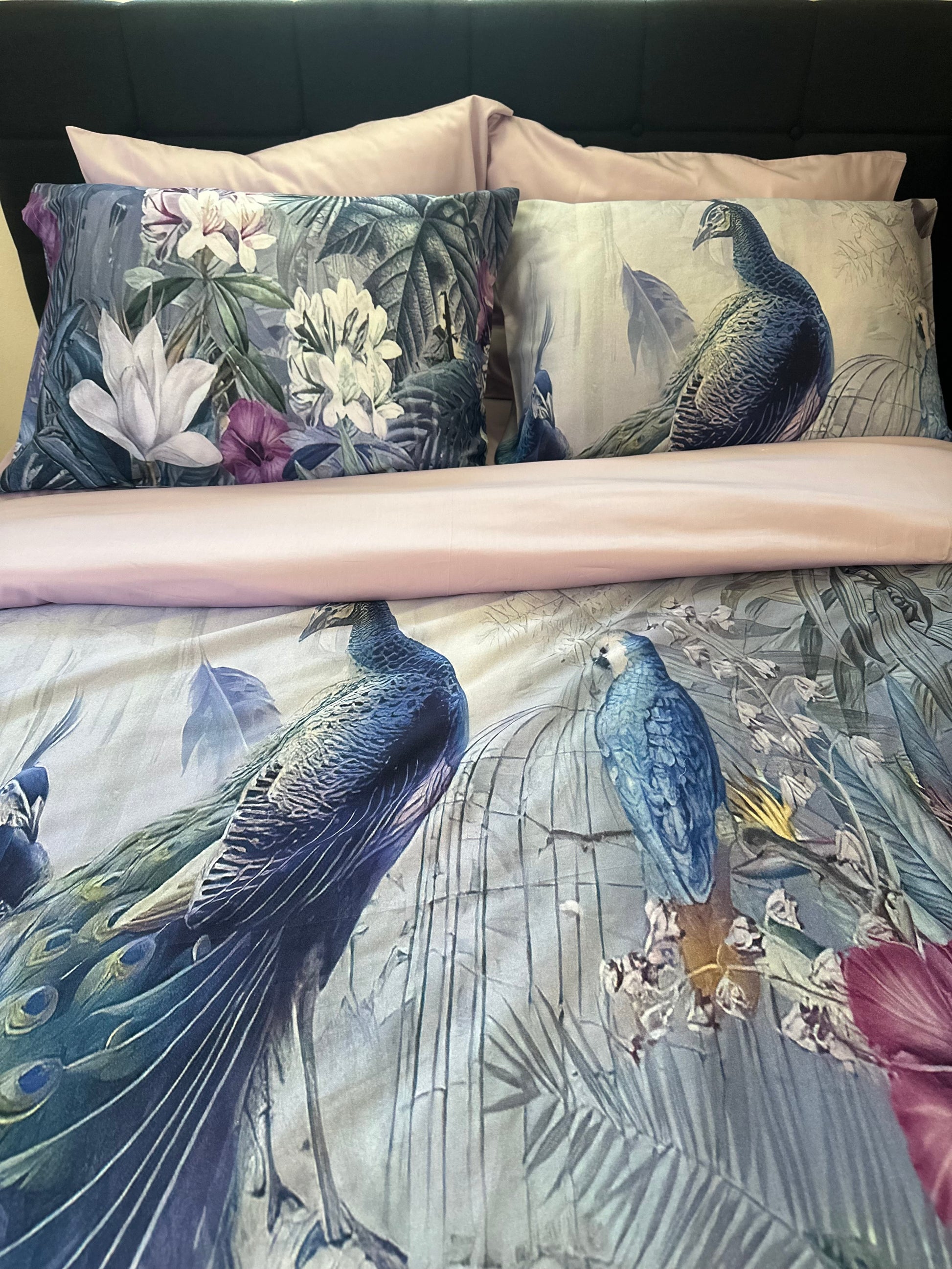 Luxury Turkish sateen bedding featuring vibrant peacock design
