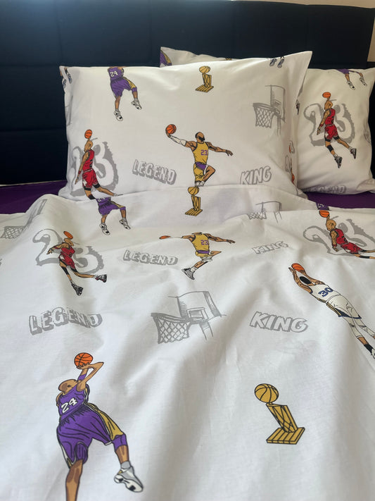 Complete 4-piece basketball bedding set (duvet cover, sheet, and two pillowcases) in Turkish cotton fabric.