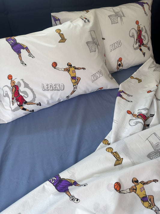 Close-up of the basketball player print on a 100% organic cotton pillowcase.