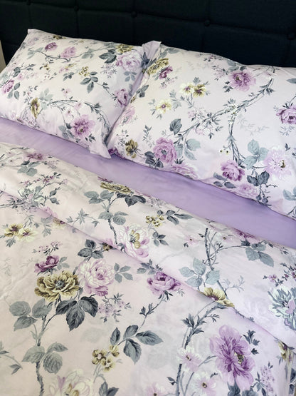 Floral cotton duvet cover in lavender with delicate French country rose artwork