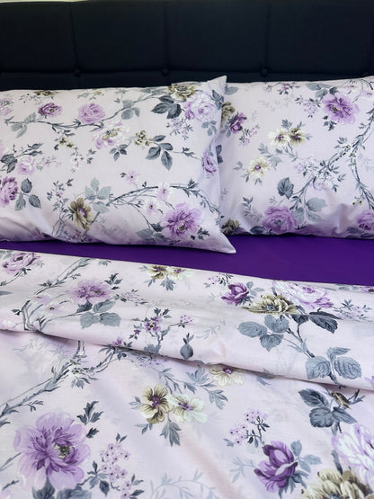 French country style bedding set featuring purple rose print and pillowcases