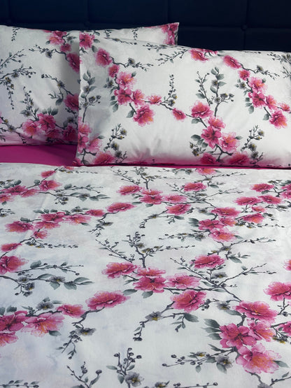 Cherry blossom duvet with bright pink fitted sheet