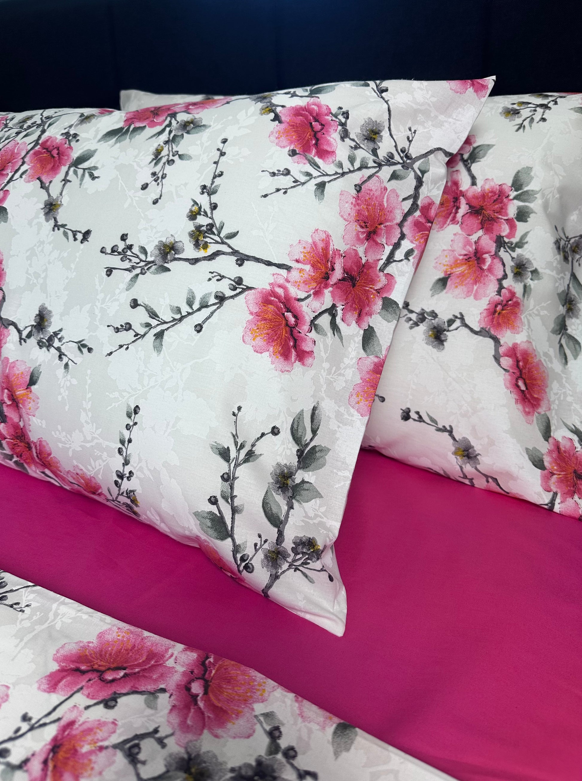 Elegant sakura print duvet on white with pink cotton sheet