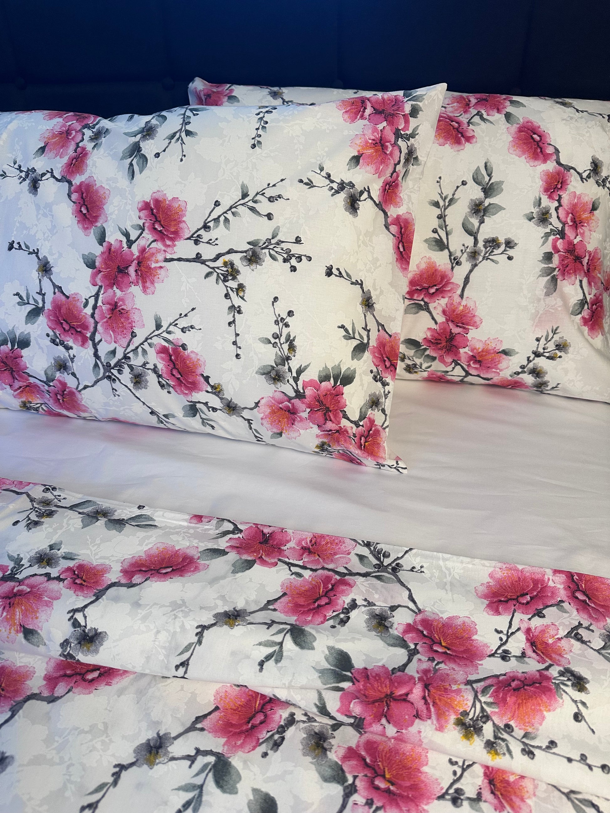 Cherry blossom duvet cover and pillowcases on white cotton fabric