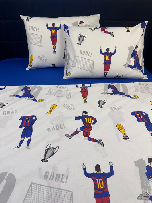 Messi-themed soccer bedding set for boys with fun goal graphics