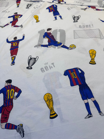 Close‑up of Number 10 football print on soft cotton kids bedding.