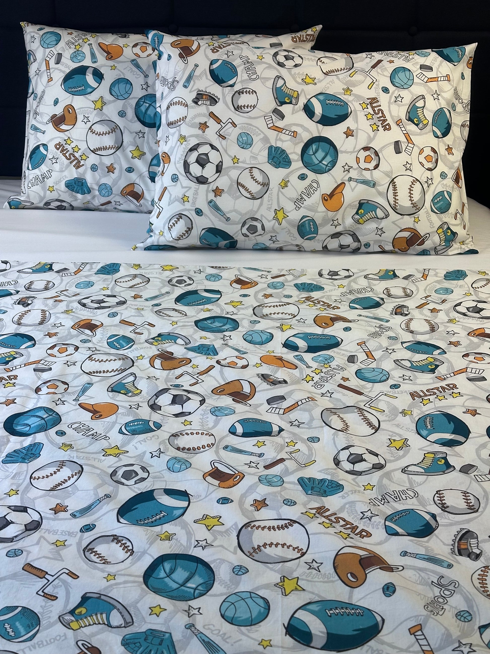 Sports bedding set for kids featuring colorful athletic ball design