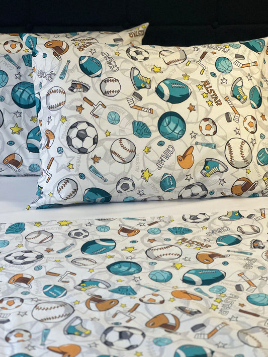 Kids sports pillowcases with football, soccer, basketball and baseball print