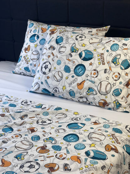 White sports-themed pillow covers for children’s or teen bedding décor