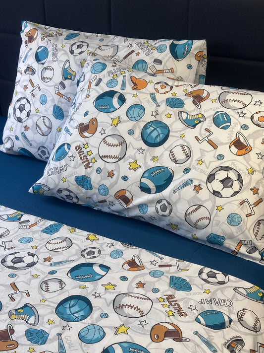 Kids pillowcases with sports-themed print – soccer, basketball, baseball