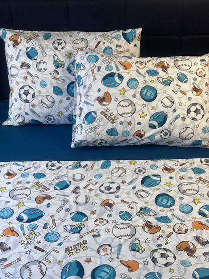 Boys bedroom pillowcases with football and sports ball design