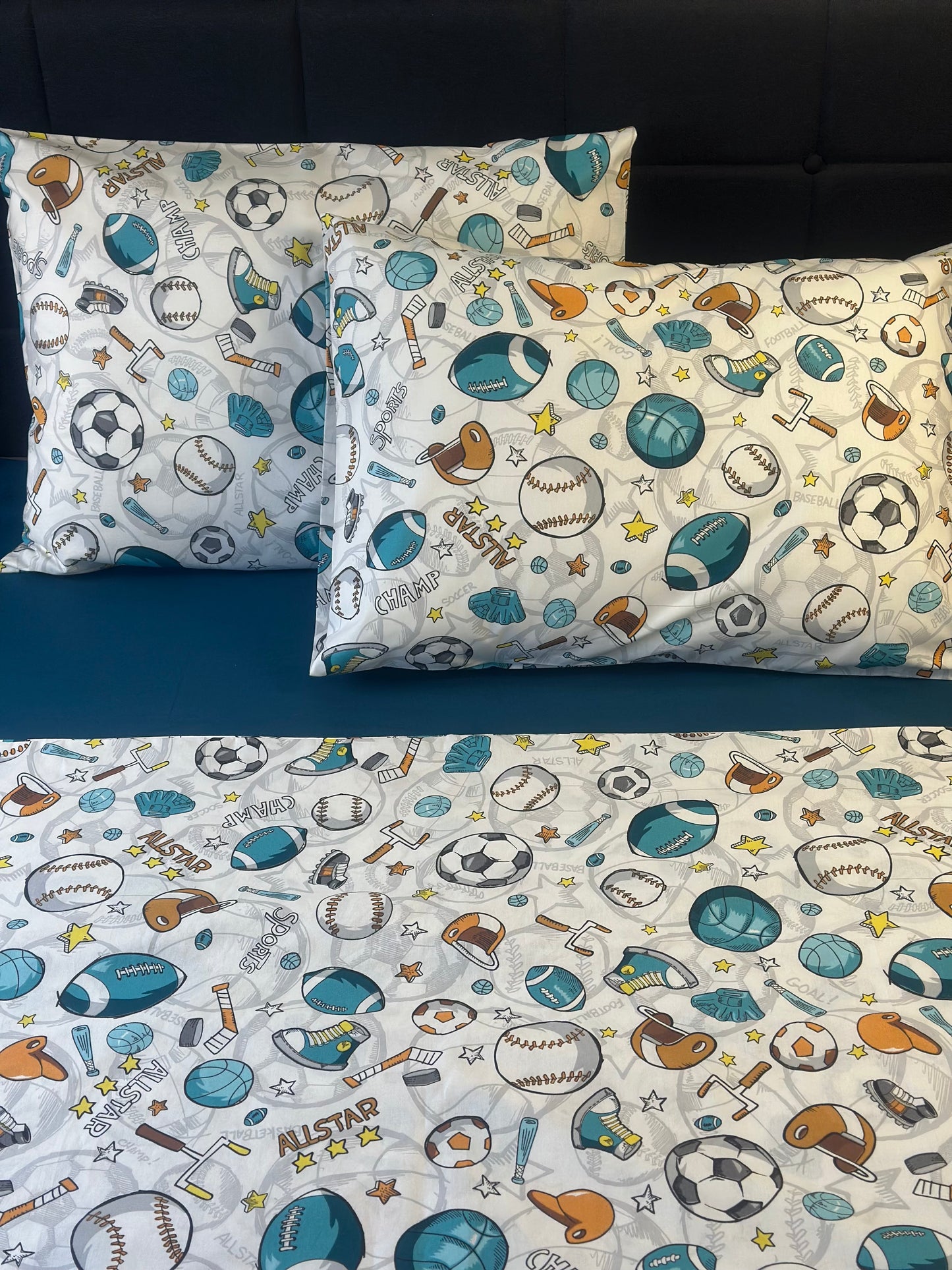 Kids sports pillowcase set with football and basketball print