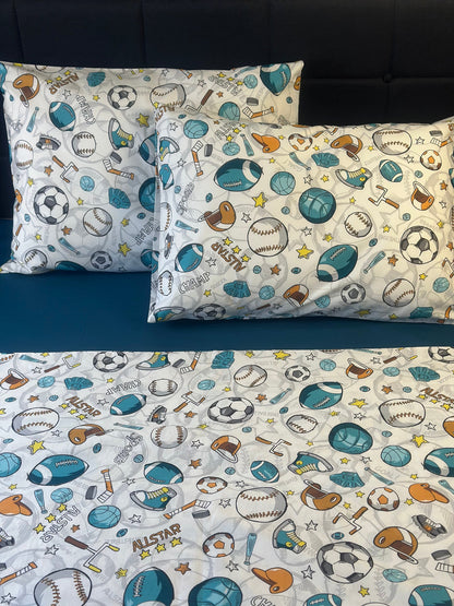 Kids sports pillowcase set with football and basketball print
