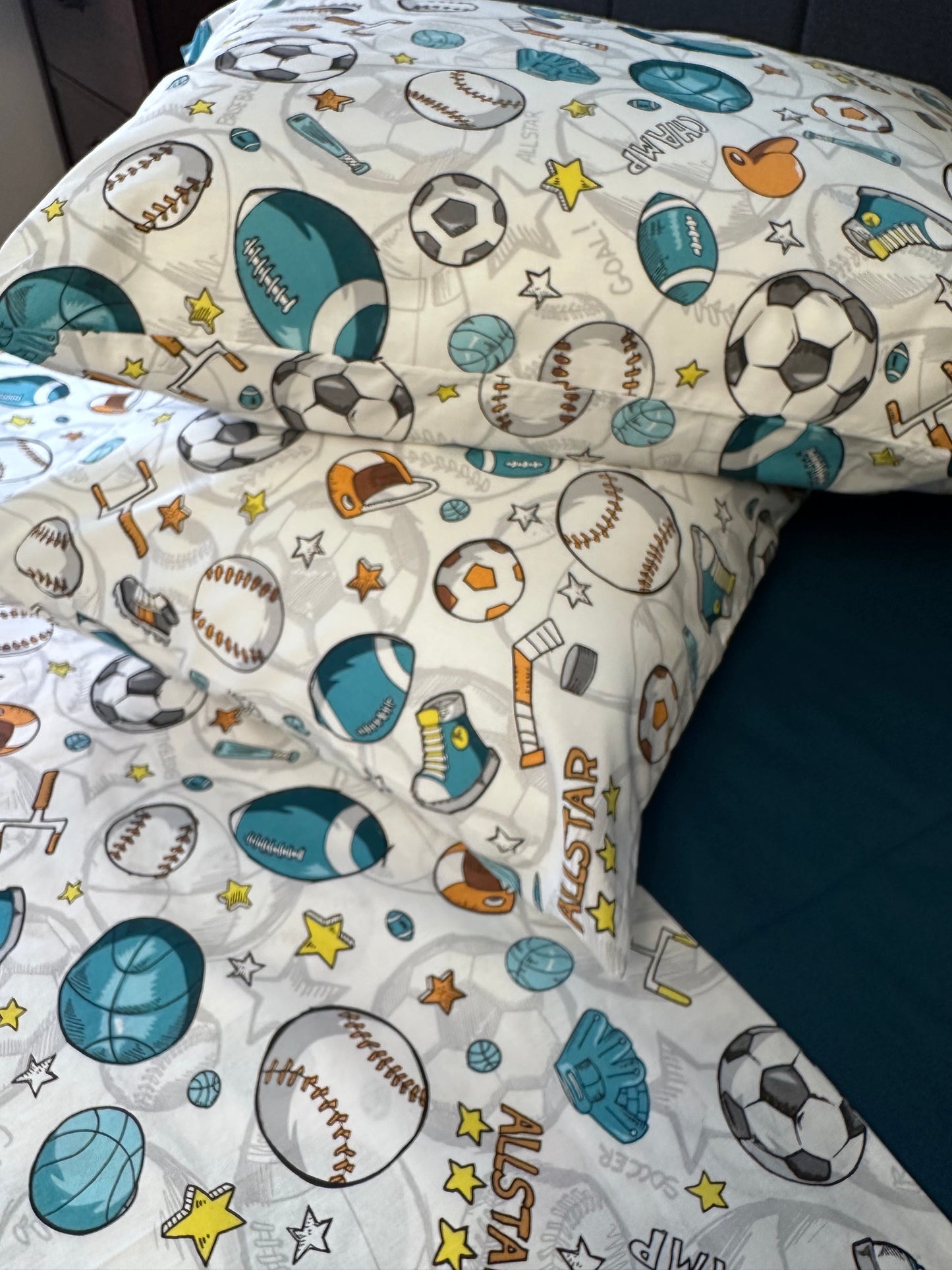 Fun boys bedroom pillowcase set with sporty design