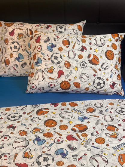 Kids sports bedding pillowcases featuring colorful athletic balls and equipment