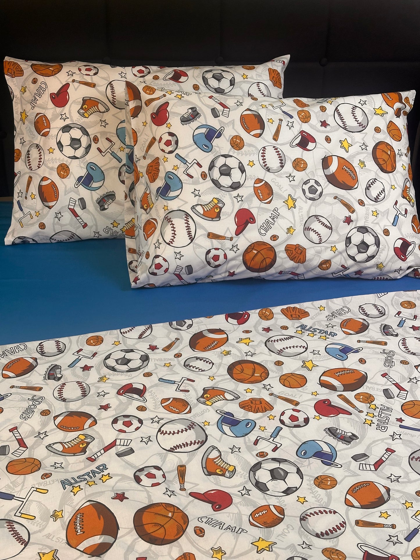 Sports print pillow covers for boys bedroom décor, football and soccer design