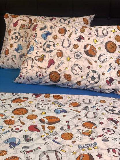 White pillowcases with multicolor sports icons – basketball, soccer, baseball, football