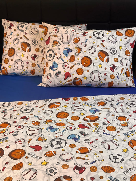 Boys sports pillowcases set with basketball, soccer ball, and baseball pattern