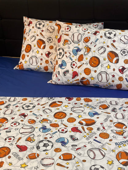 Playful sports pattern pillowcases with baseball bats, helmets, and soccer balls