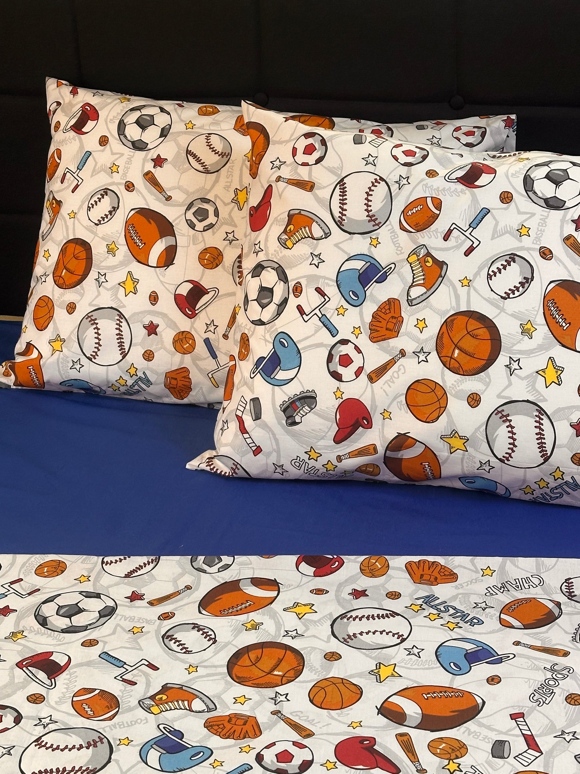White sports-themed pillow covers for children’s or teen bedding décor