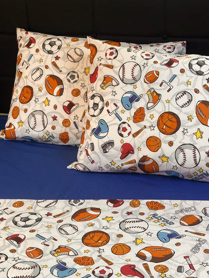 White sports-themed pillow covers for children’s or teen bedding décor