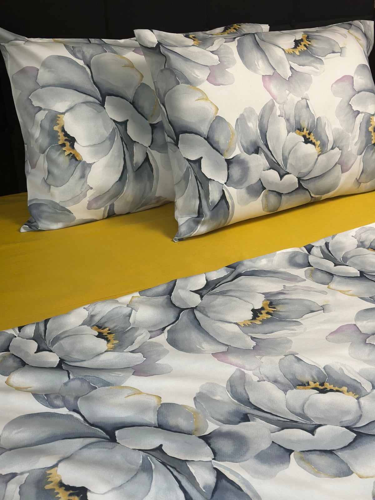 Floral patterned bedding set with gray flowers on a yellow background