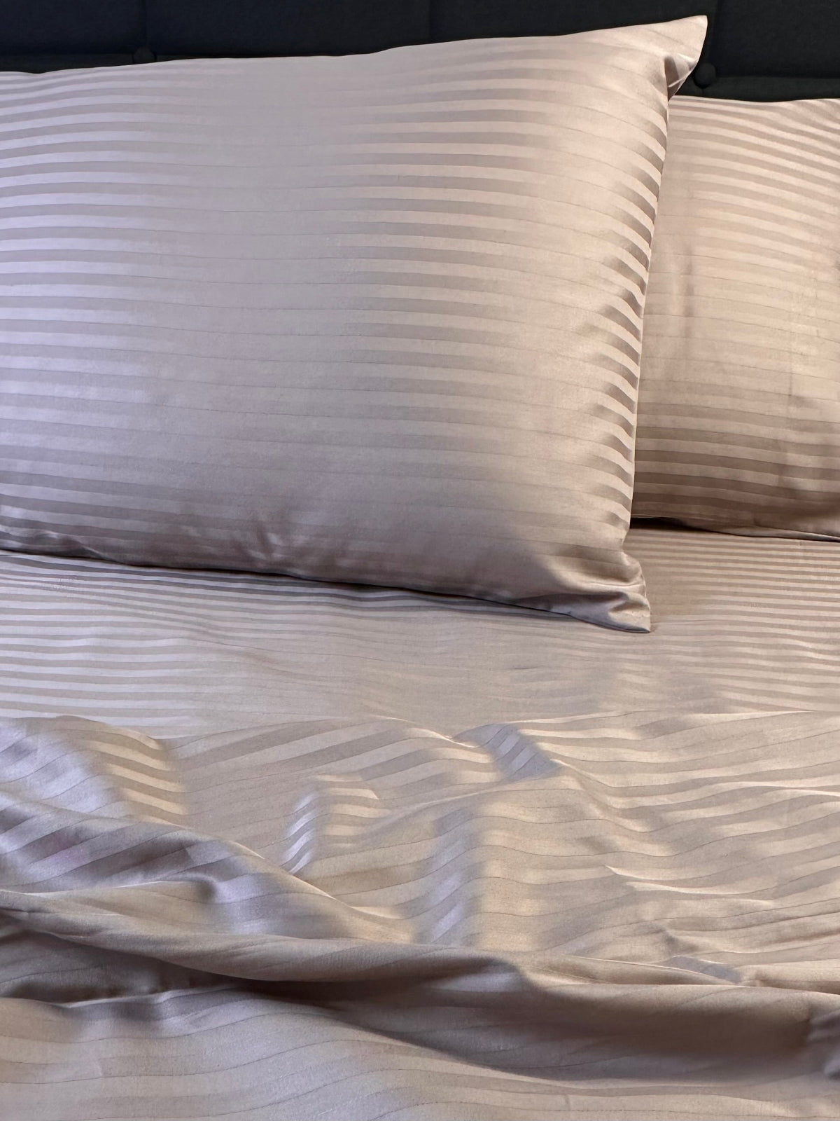 Cooling mocha stripe duvet cover and pillowcases in silky sateen weave