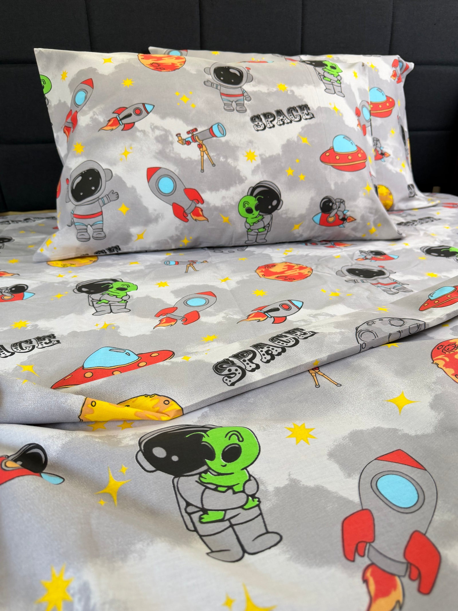 100% Turkish organic cotton Kids Cosmic Bedding Set with astronaut and galaxy pattern