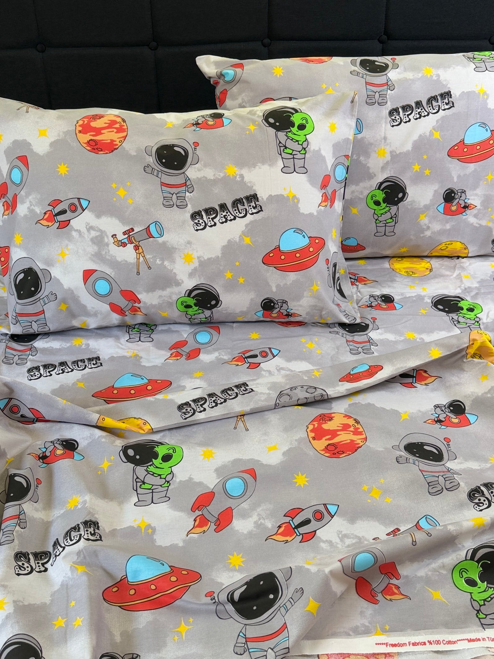 Premium Kids Cosmic Bedding Set with detailed galaxy print — breathable organic cotton.