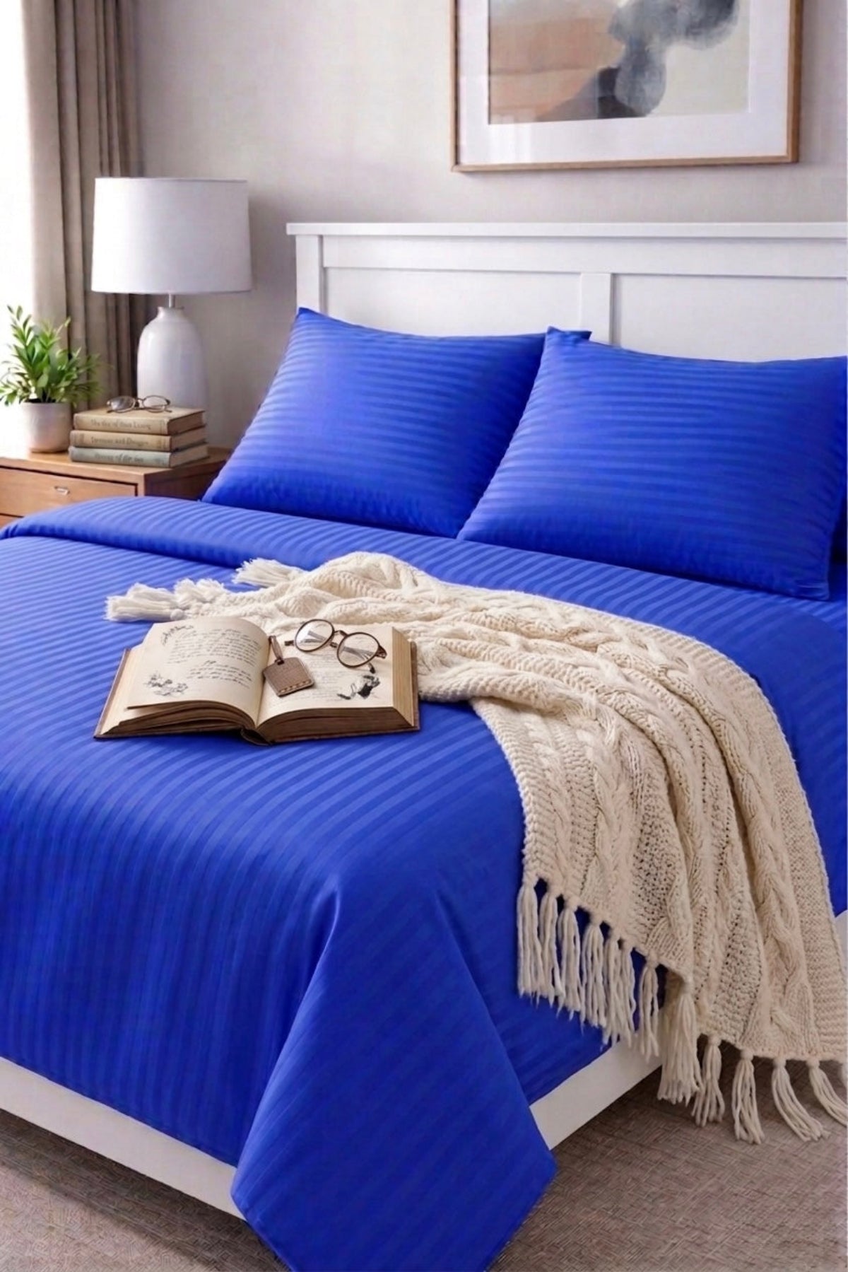 Blue Stripe Sateen Bedding Set — silky soft 100% cotton with elegant hotel‑style finish.